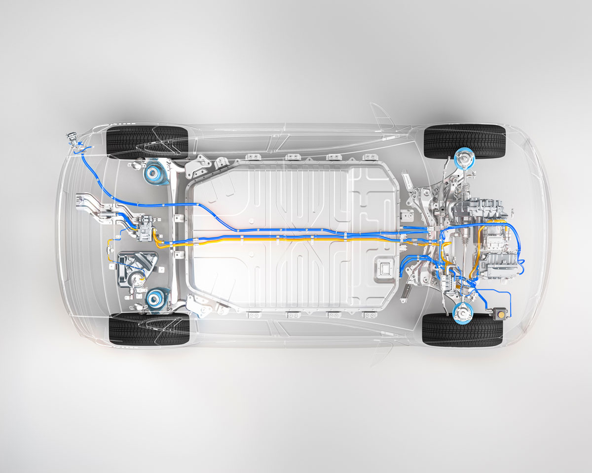 Top-down view of an electric car chassis, with the vehicle's battery and other inner parts visible.