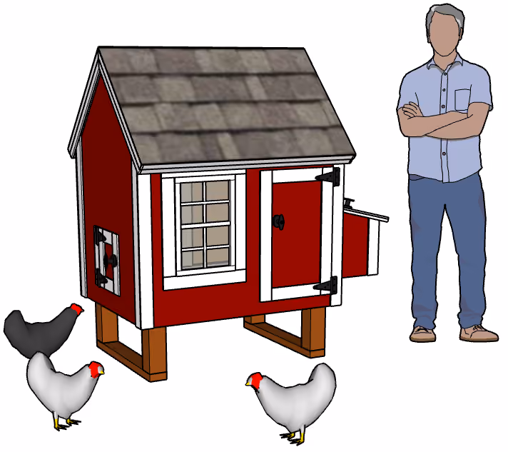 A computer drawing of a small Hen Hut chicken coop with a man and chickens from left side