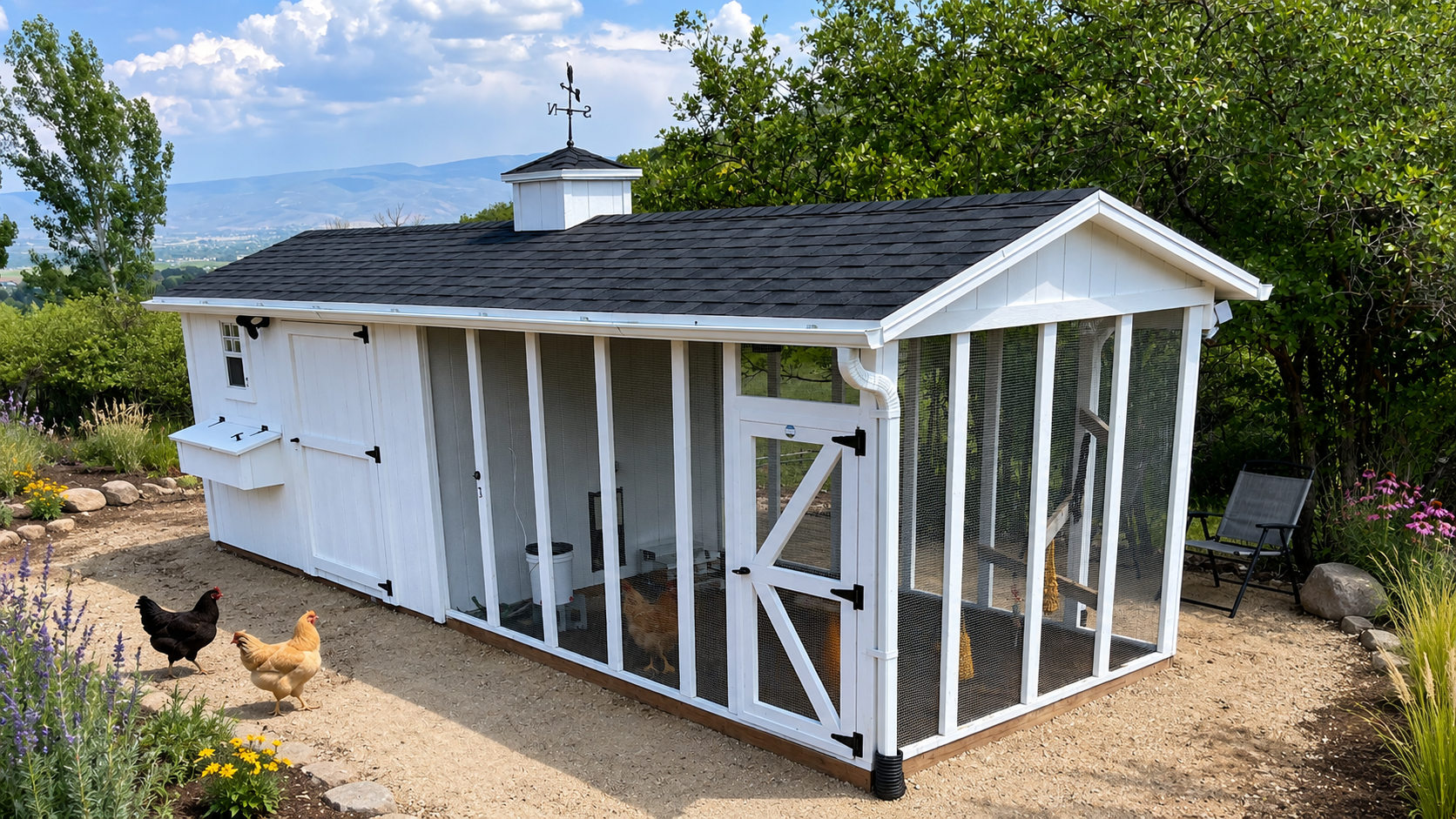 White custom chicken coop with an attached enclosed run, cupola, weather vane, and chickens in a landscaped backyard.