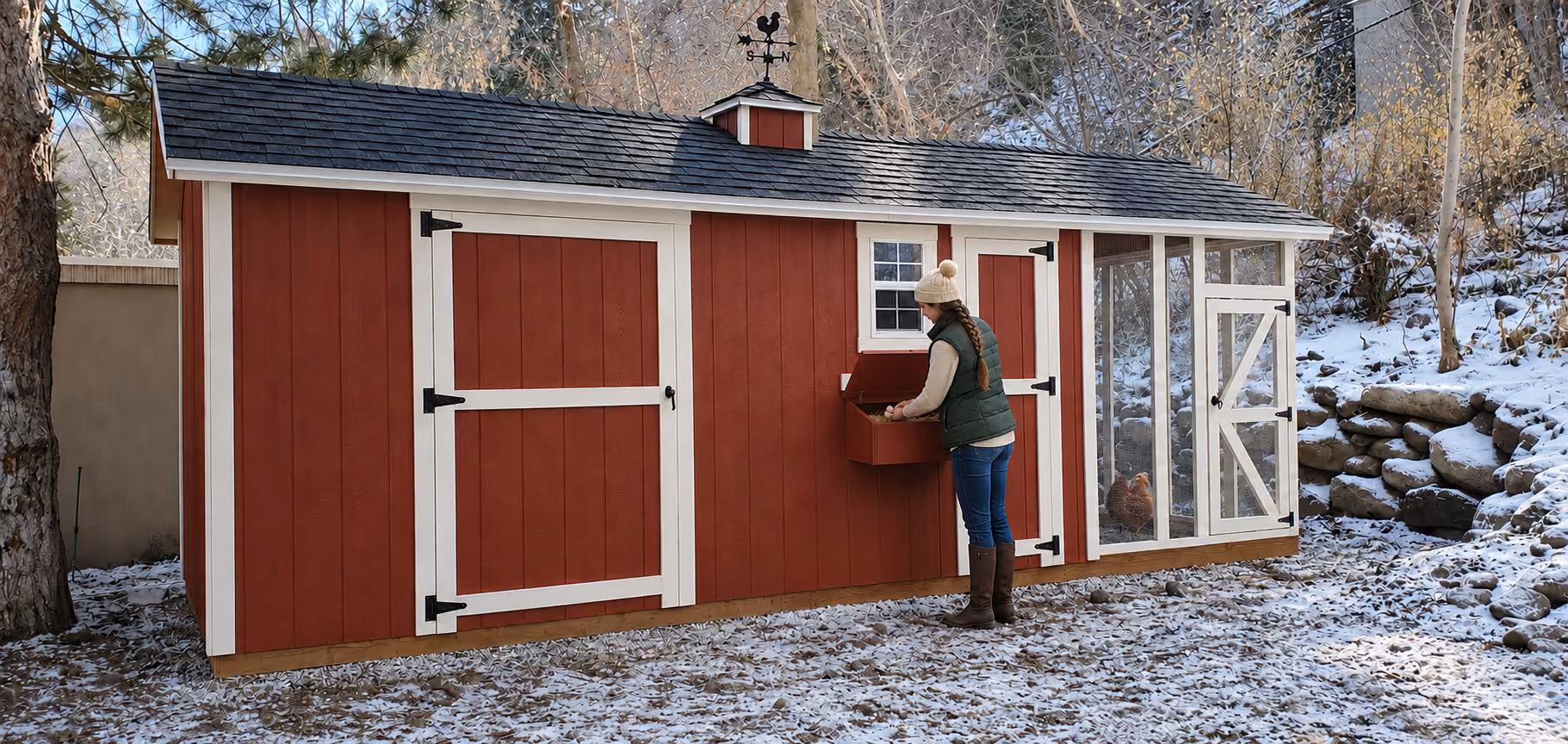 Woman collecting eggs from a red custom chicken coop with an enclosed run in a snowy backyard.