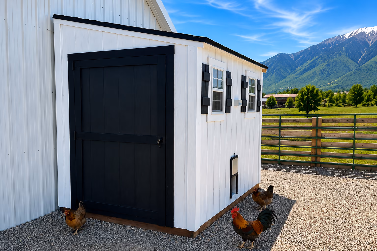 White Lean-To style chicken coop with black trim, a rooster, and two hens beside a mountain pasture.