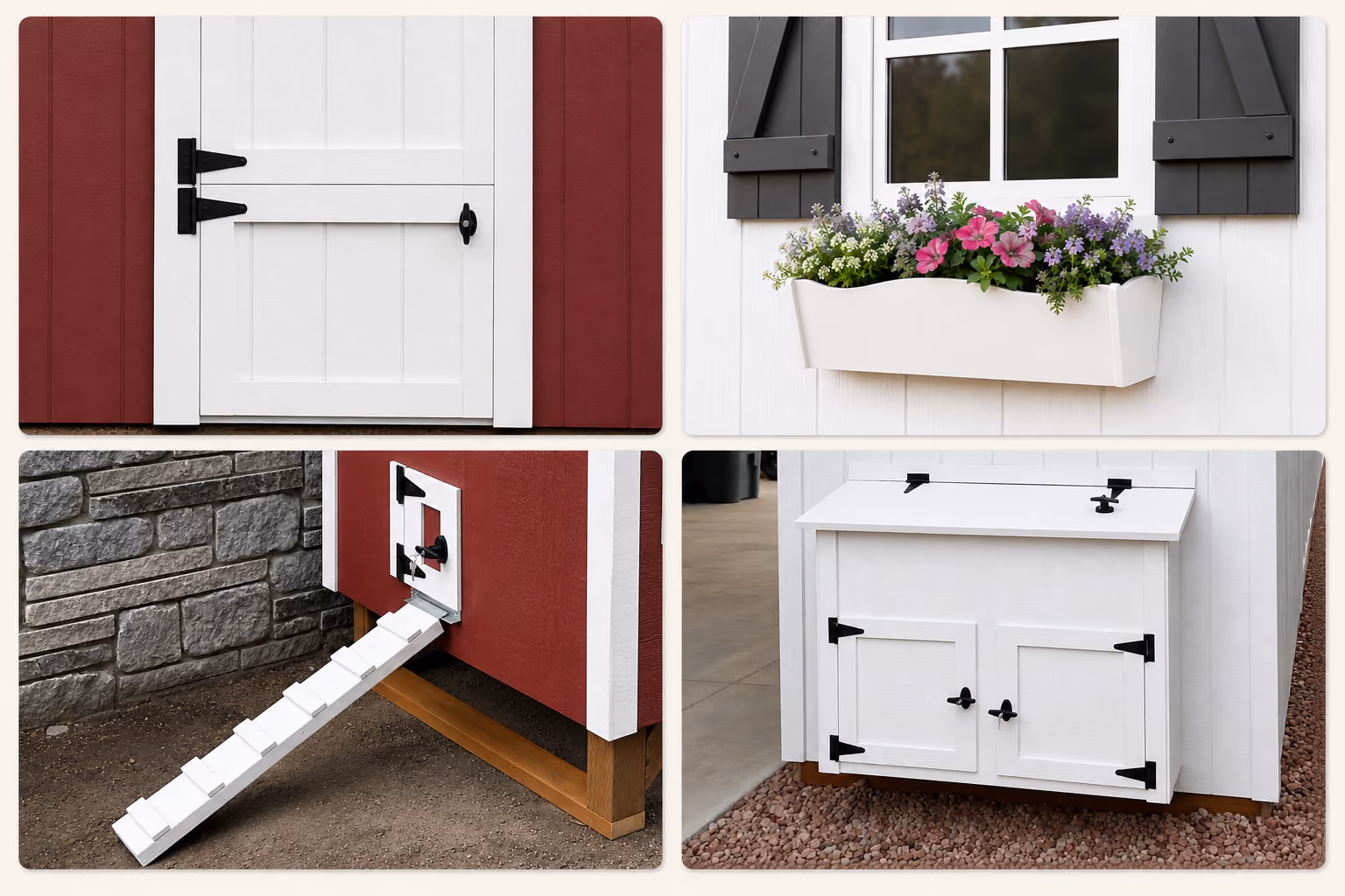 Montage of custom chicken coop options including a Dutch door, flower box, chicken ramp, and nesting box cabinet.