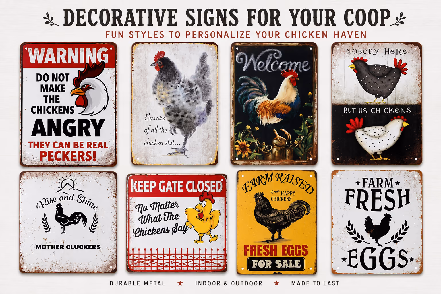 Montage of vintage decorative chicken coop signs in a variety of styles and colors.