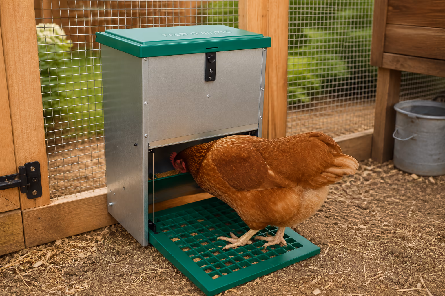Chicken standing on a Feed-O-Matic treadle feeder and eating inside a coop run.