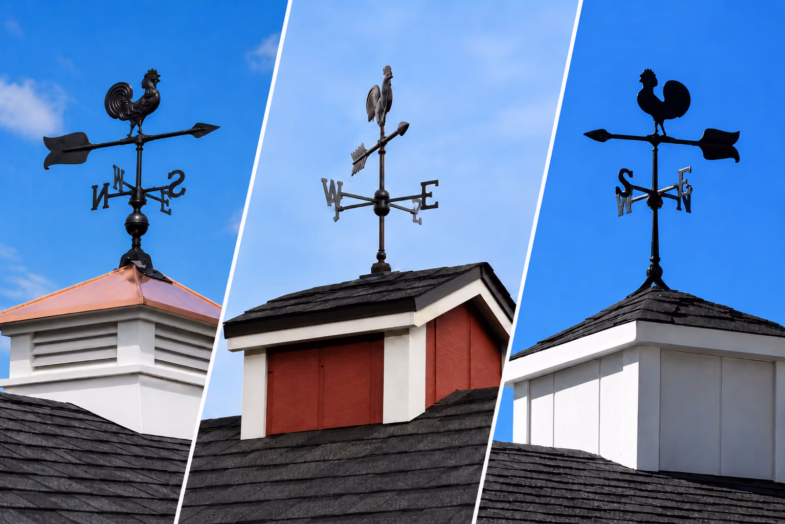 Montage showing three chicken coop cupola styles with rooster weather vanes.