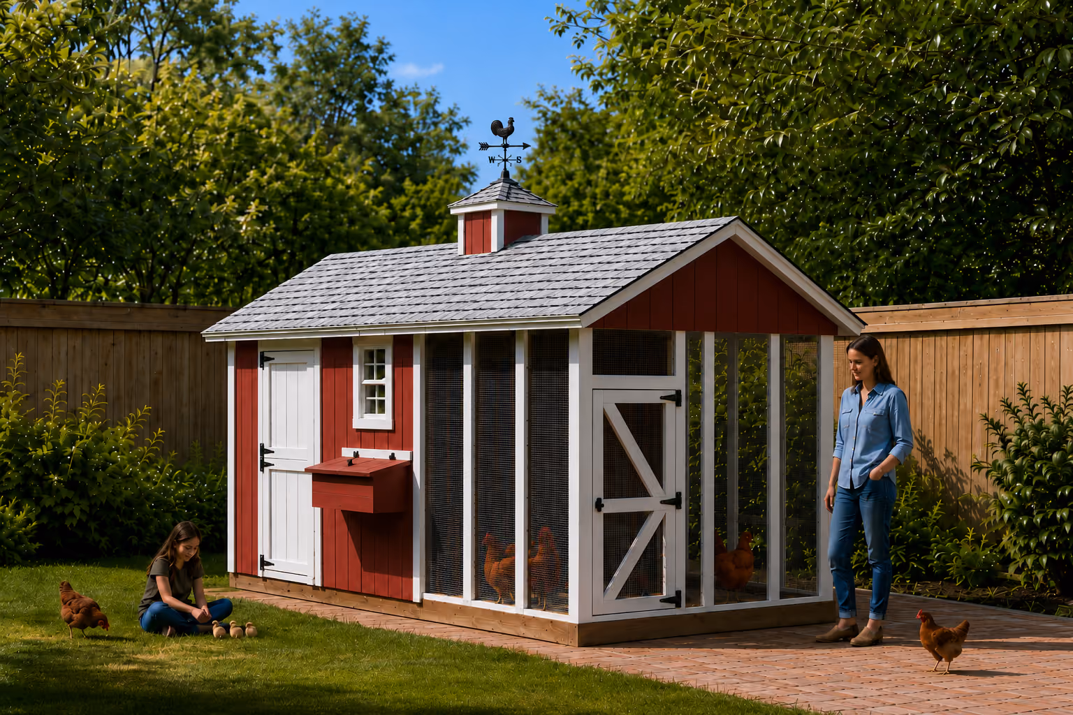 Mother and child with chickens beside a red Coop De’Ville chicken coop in a backyard.