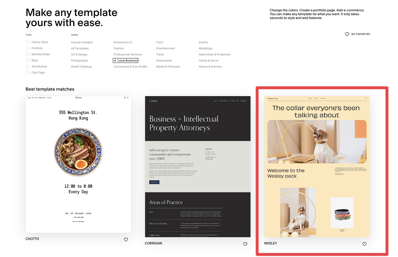 squarespace templates with red box around pet collar template 