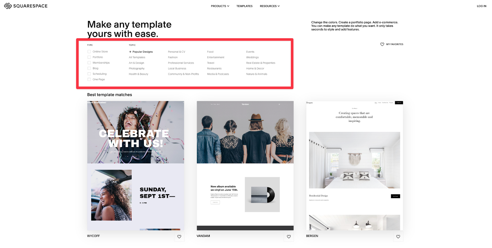 screenshot of squarespace templates with red box around where you can filter