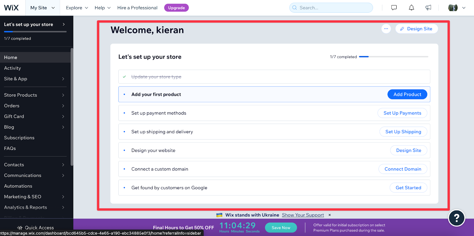 Screenshot of Wix dashboard with red box around all the steps you need to set up your store