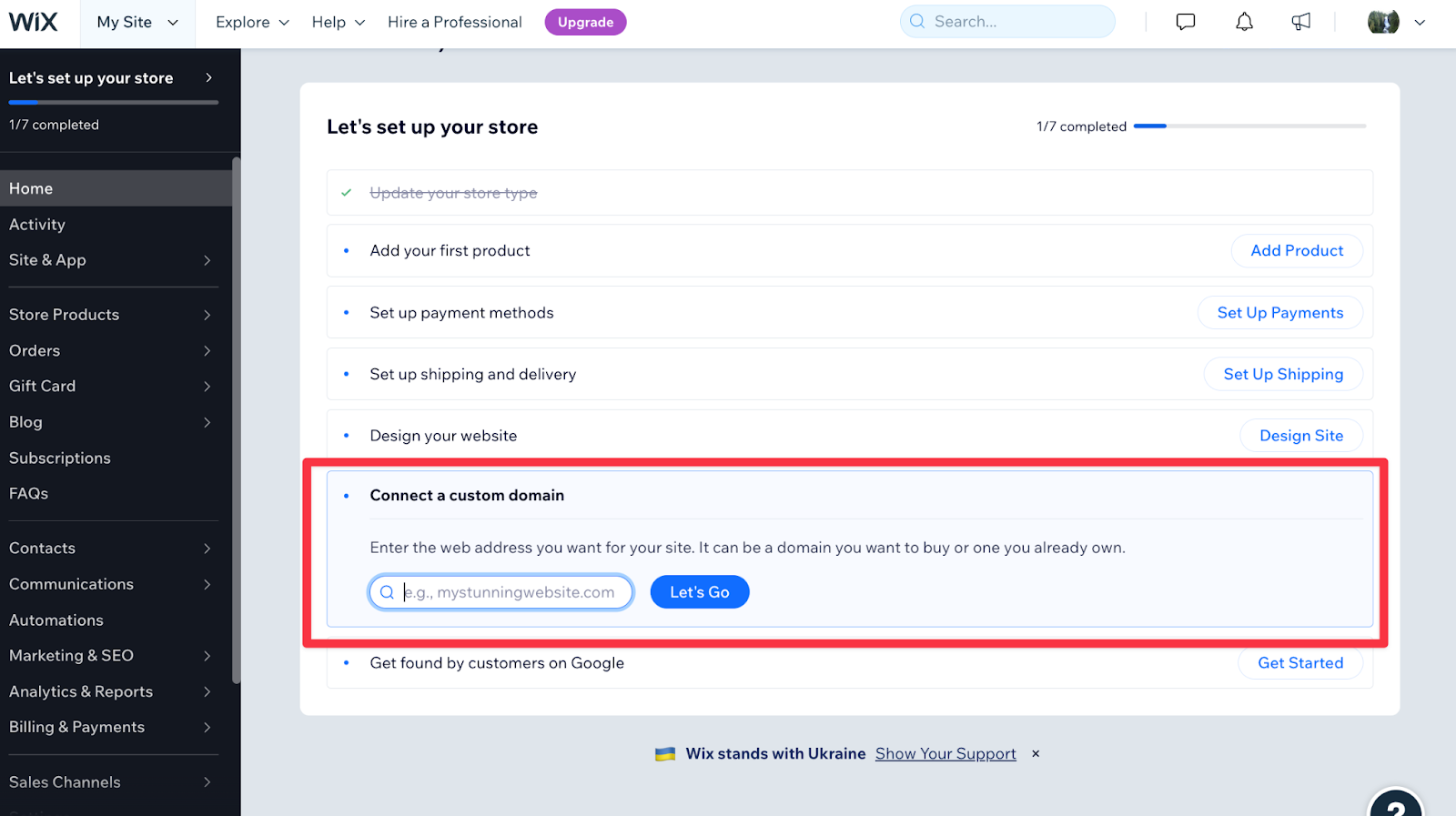 Screenshot of Wix dashboard with red box around "connect a custom domain"