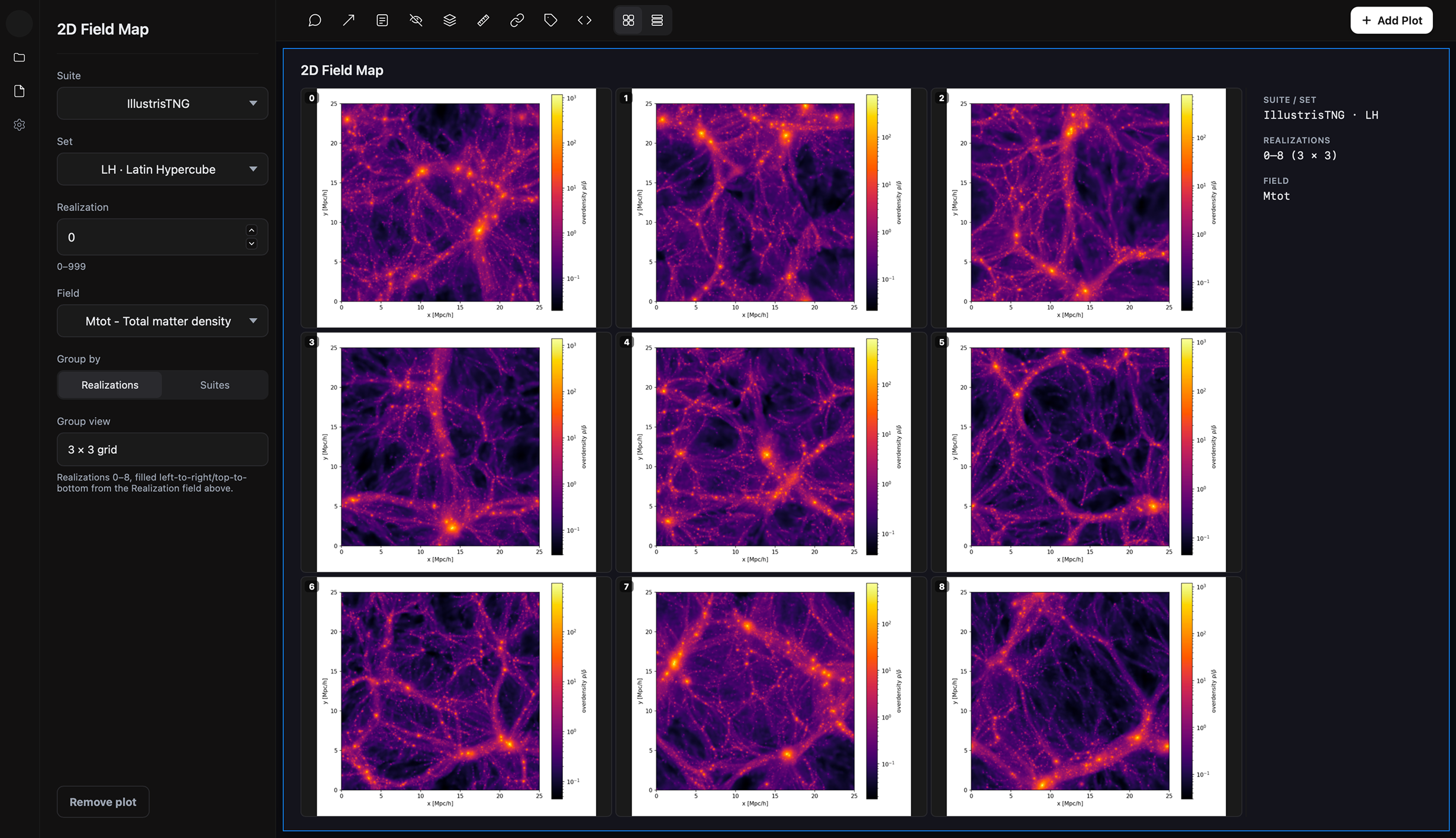 2D field map of simulated cosmic matter density across a 3 by 3 grid of realizations