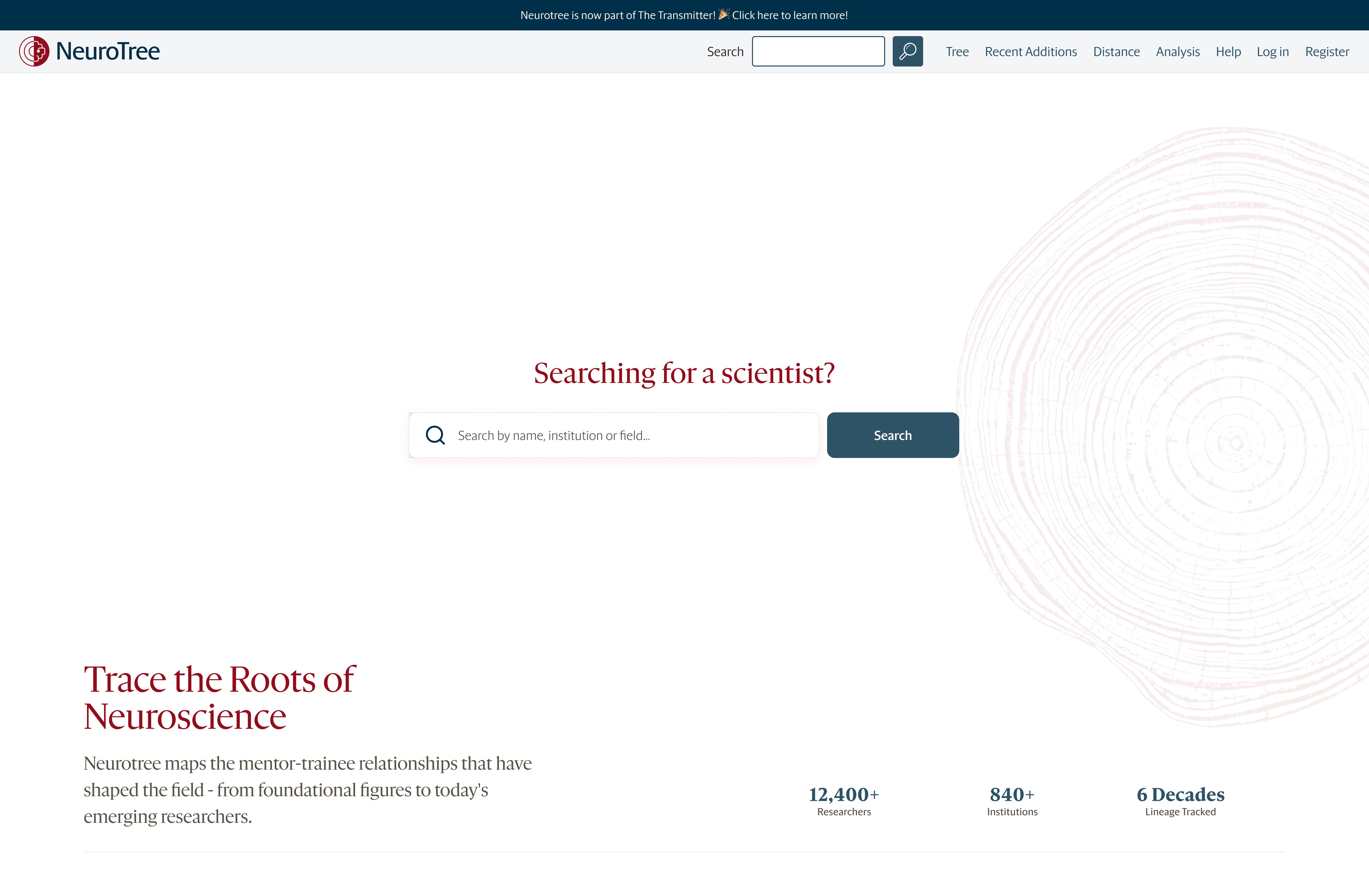 NeuroTree landing page with scientist search and lineage statistics