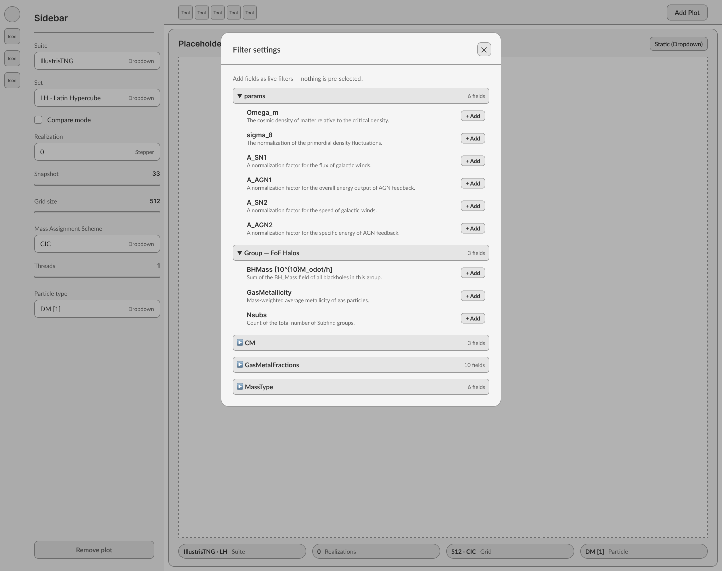 Wireframe of the filter settings dialog listing catalog fields grouped into params and halo groups, each with an add button.