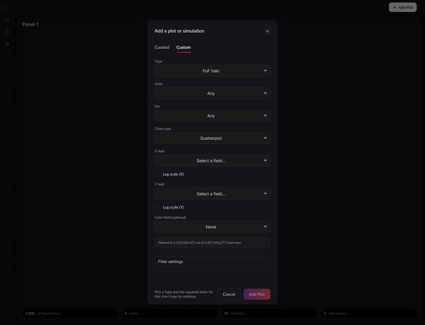Final design of the Custom tab: Type, Suite, Set, chart type and field pickers, with a row count reading 1,532,020,422 out of 2,927,443,277 above the Add Plot button.