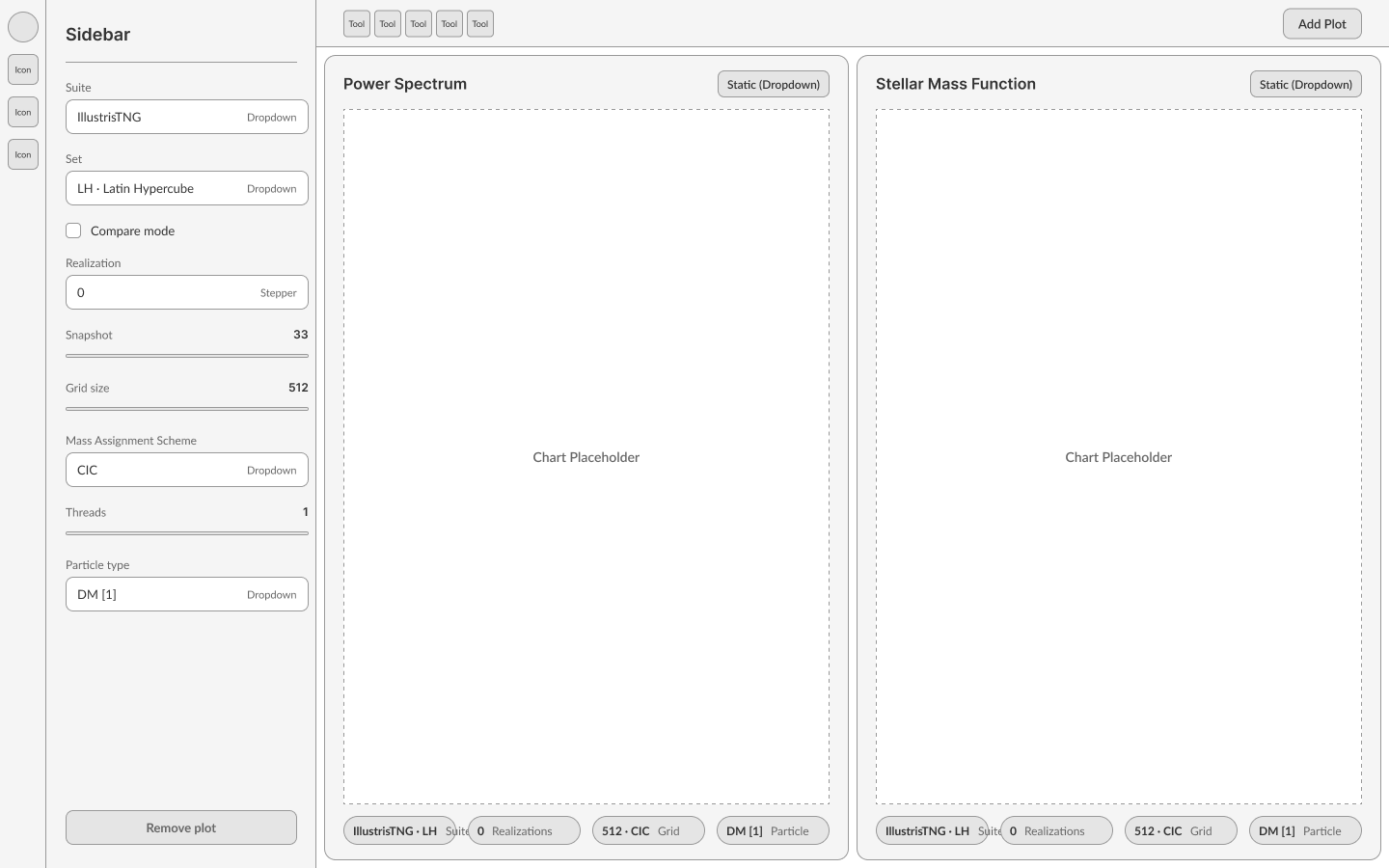 Wireframe of two plot tiles side by side with a settings sidebar.