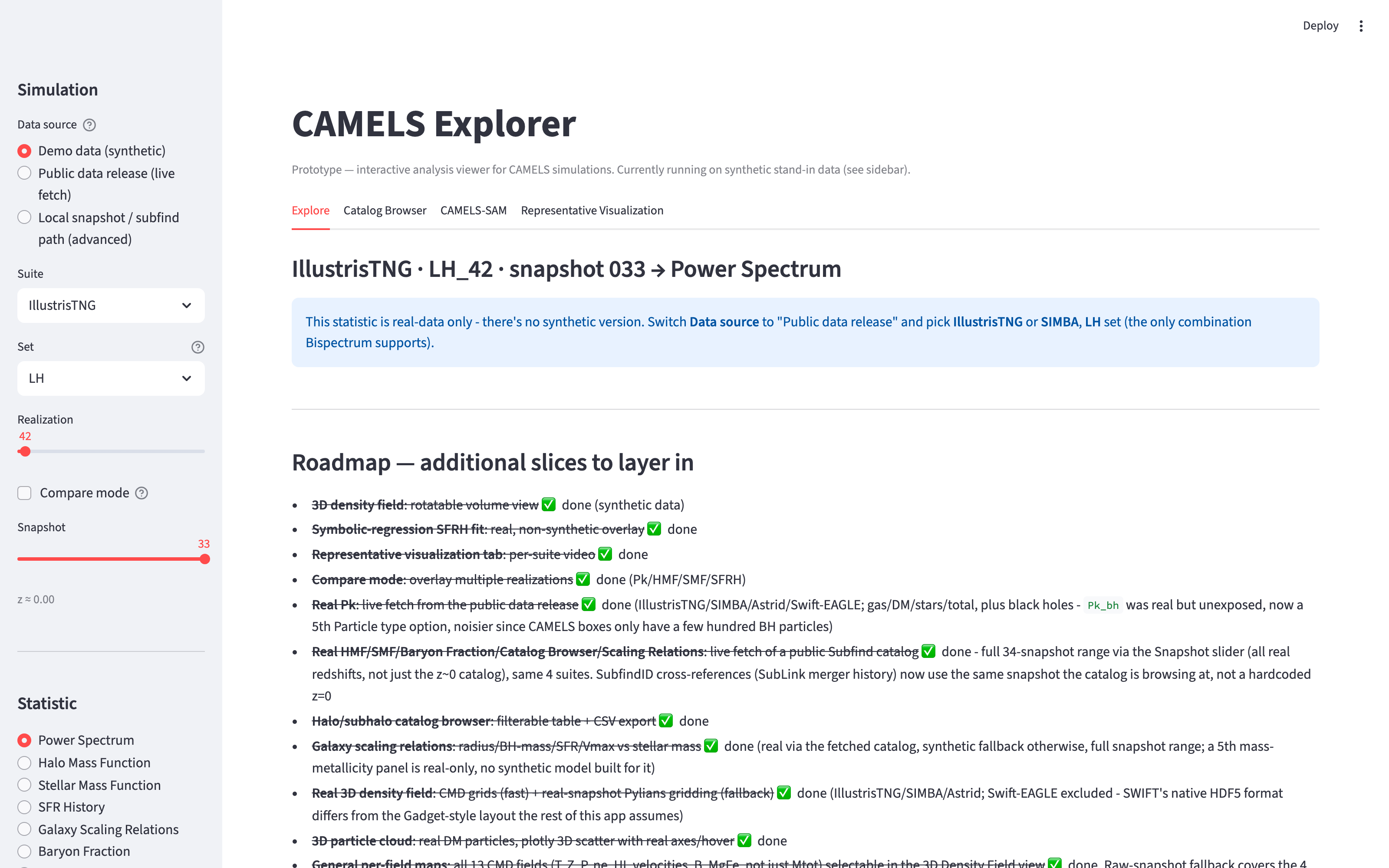 The Streamlit prototype on first load: a sidebar of choices, tabs for Explore, Catalog Browser, CAMELS-SAM and Representative Visualization, a note that the statistic is real-data only, and a roadmap.