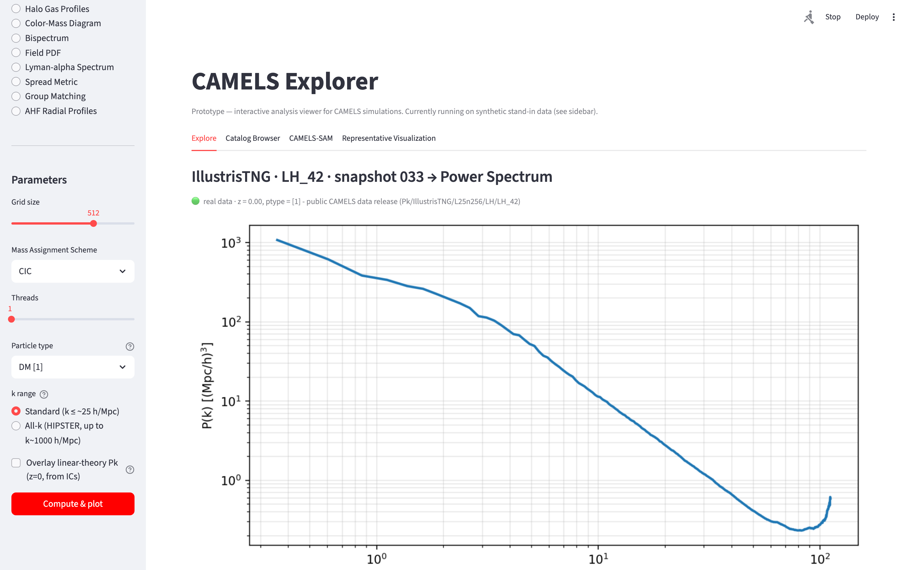 The Streamlit prototype plotting a real power spectrum for IllustrisTNG run LH_42, labelled real data with its source folder, beside a sidebar that includes the Mass Assignment Scheme control.