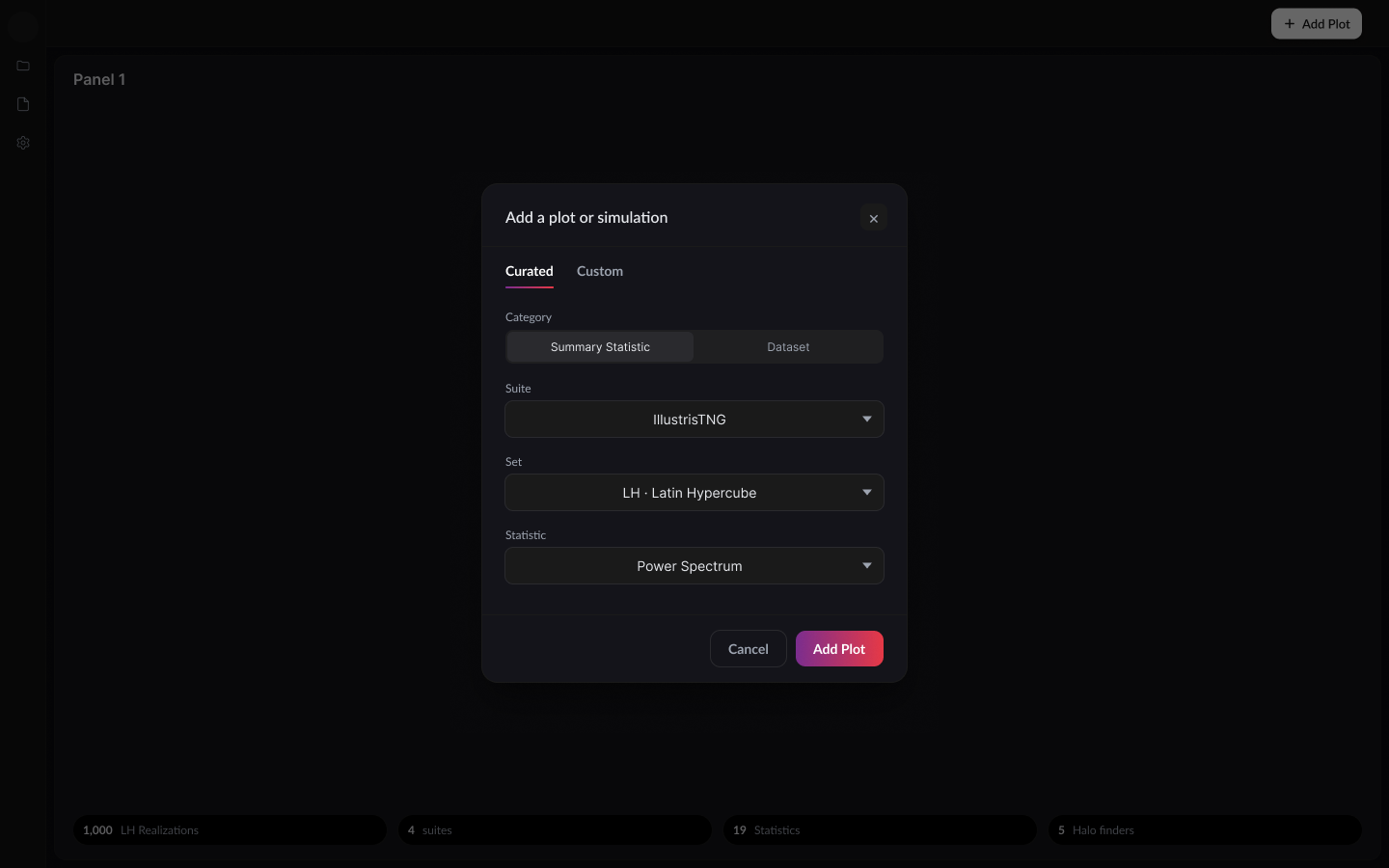 The Curated tab in the proposed design, with a Category choice of Summary Statistic or Dataset above Suite, Set and Statistic.