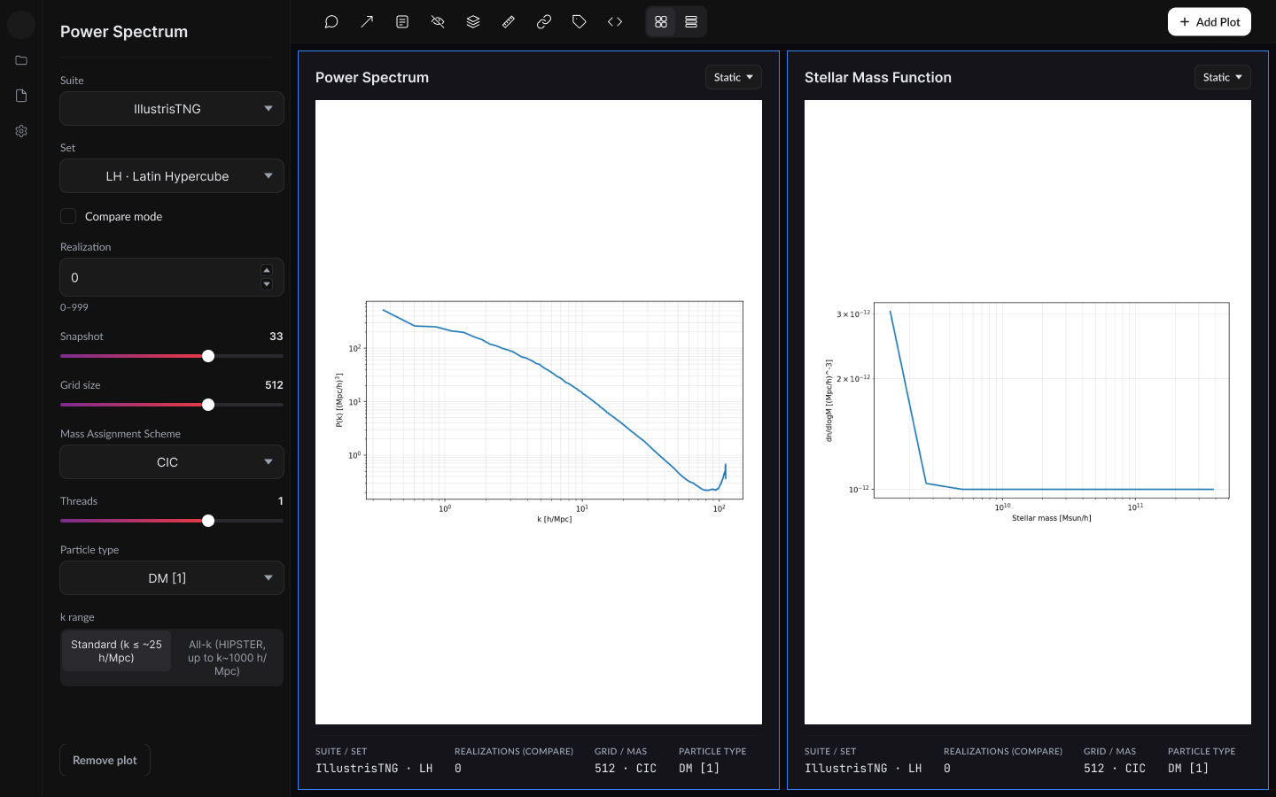 Final design comparing a power spectrum and a stellar mass function side by side, each on a white plot card with its settings underneath.