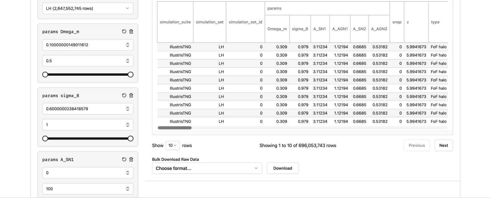 FlatHUB results table showing rows 1 to 10 of 696,053,743, with filter controls on the left.