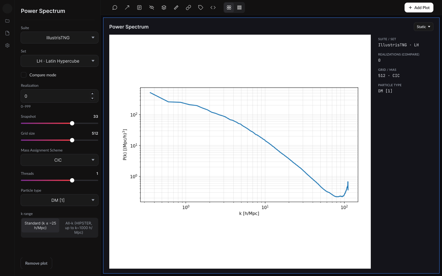 CAMELS Explorer panel view of a power spectrum on a white plot card, with its settings sidebar and a readout of suite, set, grid and particle type.