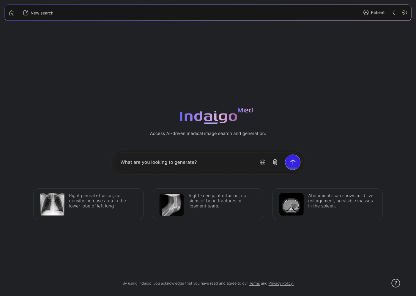 Home screen option 2, with the logo, tagline and prompt centred above three example prompts from different parts of the body