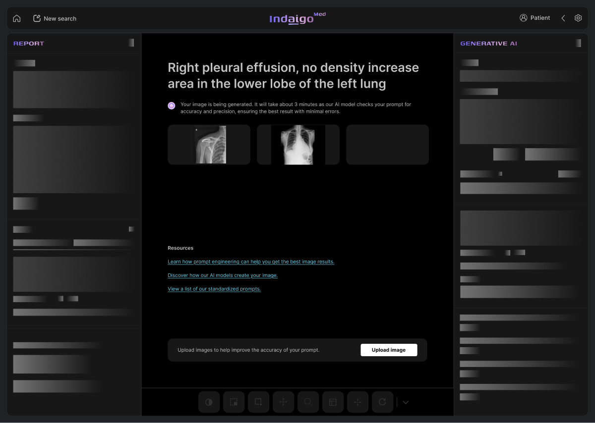 Generation in progress, with the prompt as a heading, a status message, skeleton side panels and links to prompt resources