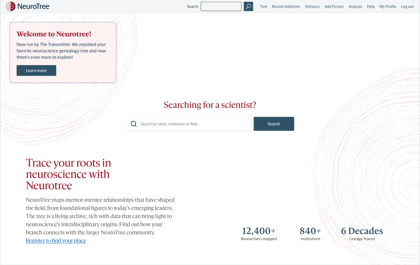 The final hero with a welcome card, a centred search, the title and three key numbers beside faint tree rings