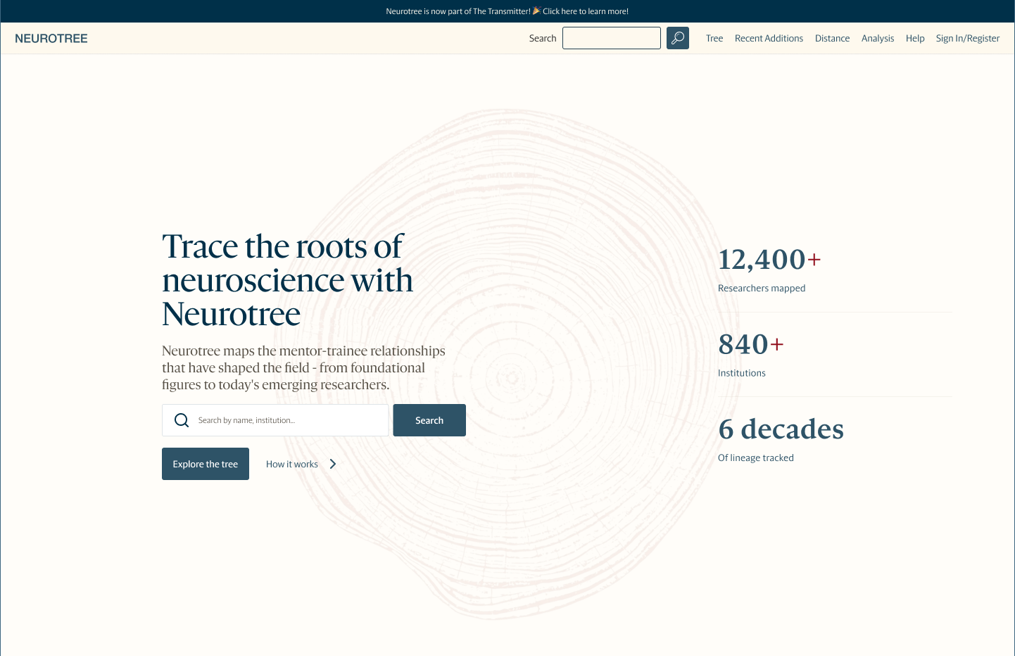 The hero approved in the third round, with the title and search on the left, the three key numbers stacked on the right and faint tree rings behind