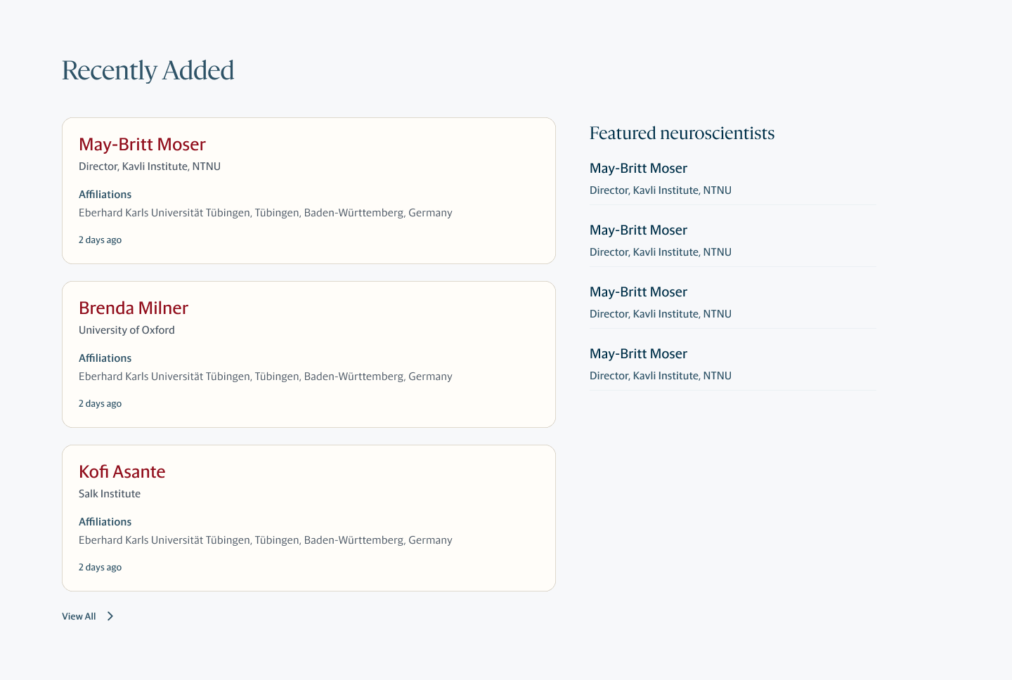 Final recently added section with three researcher cards and a list of featured neuroscientists