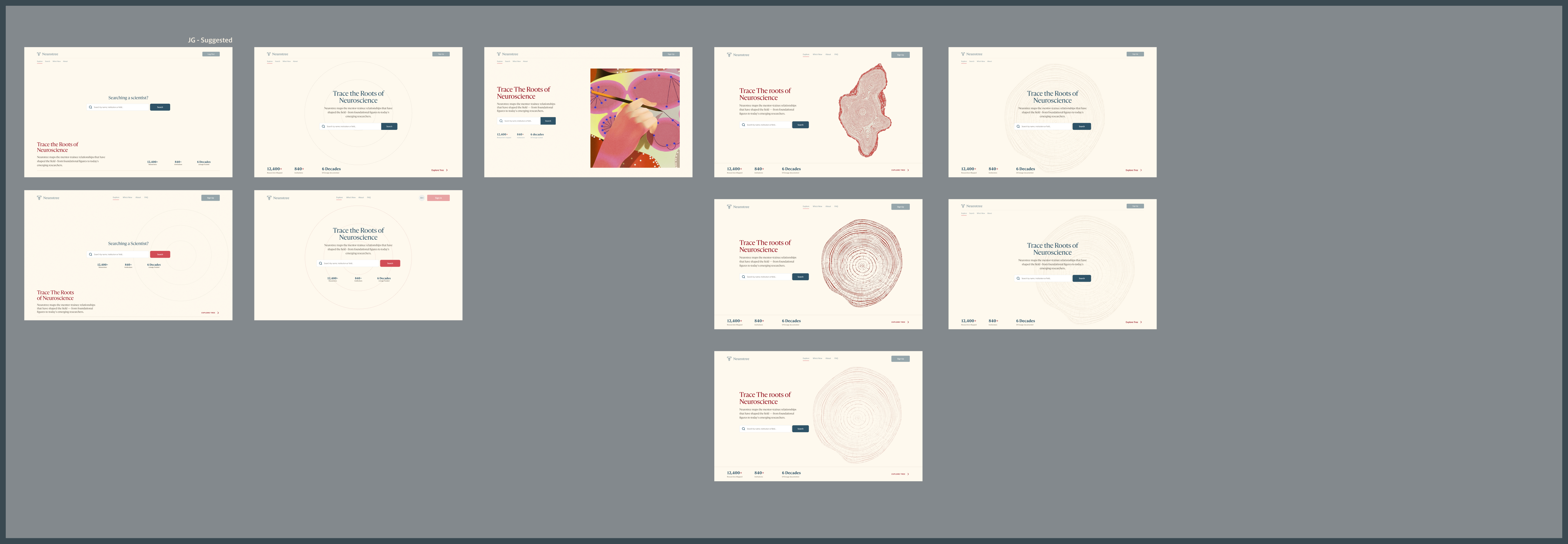 Round one hero variations, ranging from a search-led layout to versions with tree rings and illustration
