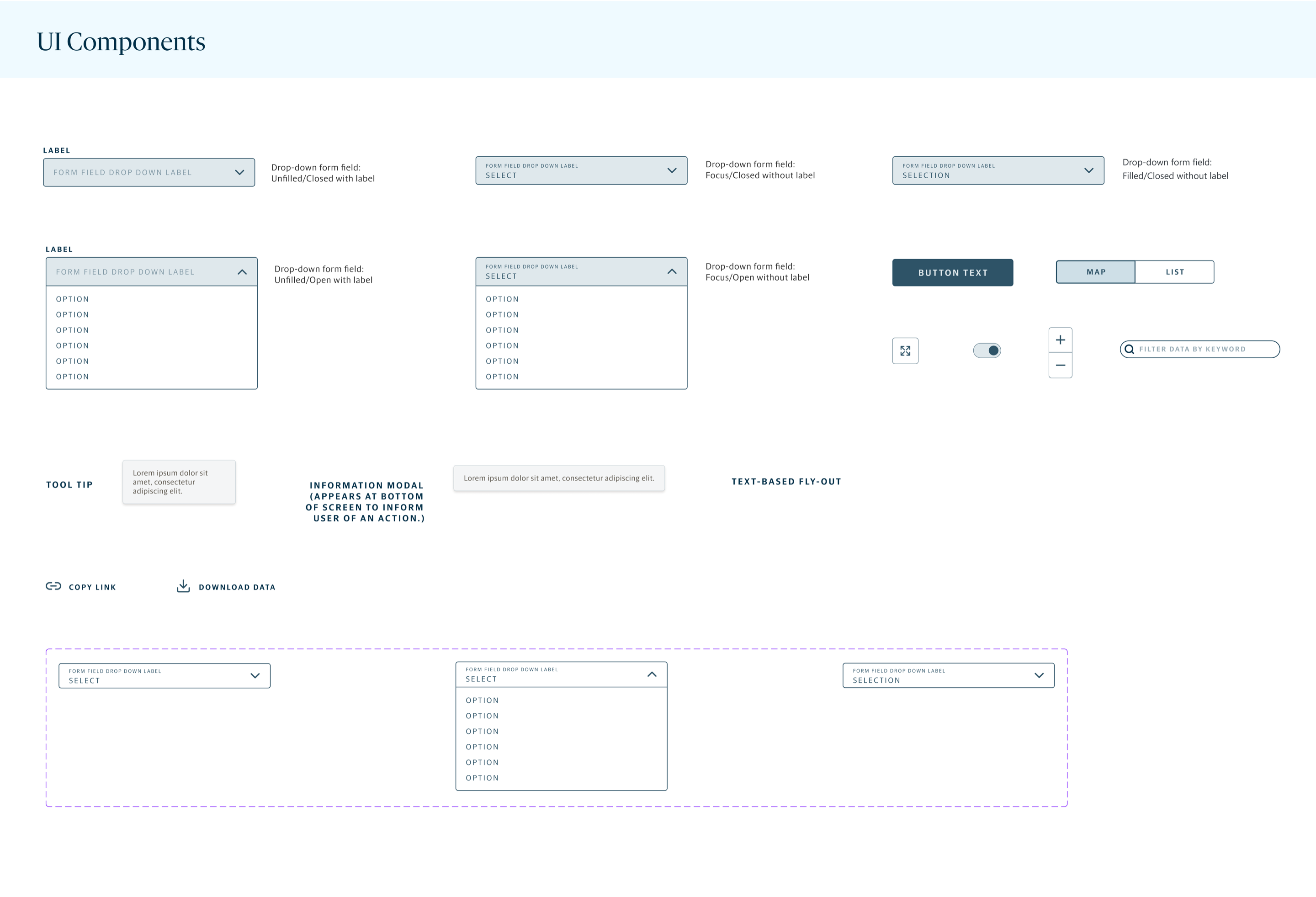 A library of the redesigned filter components, with their default, open and selected states