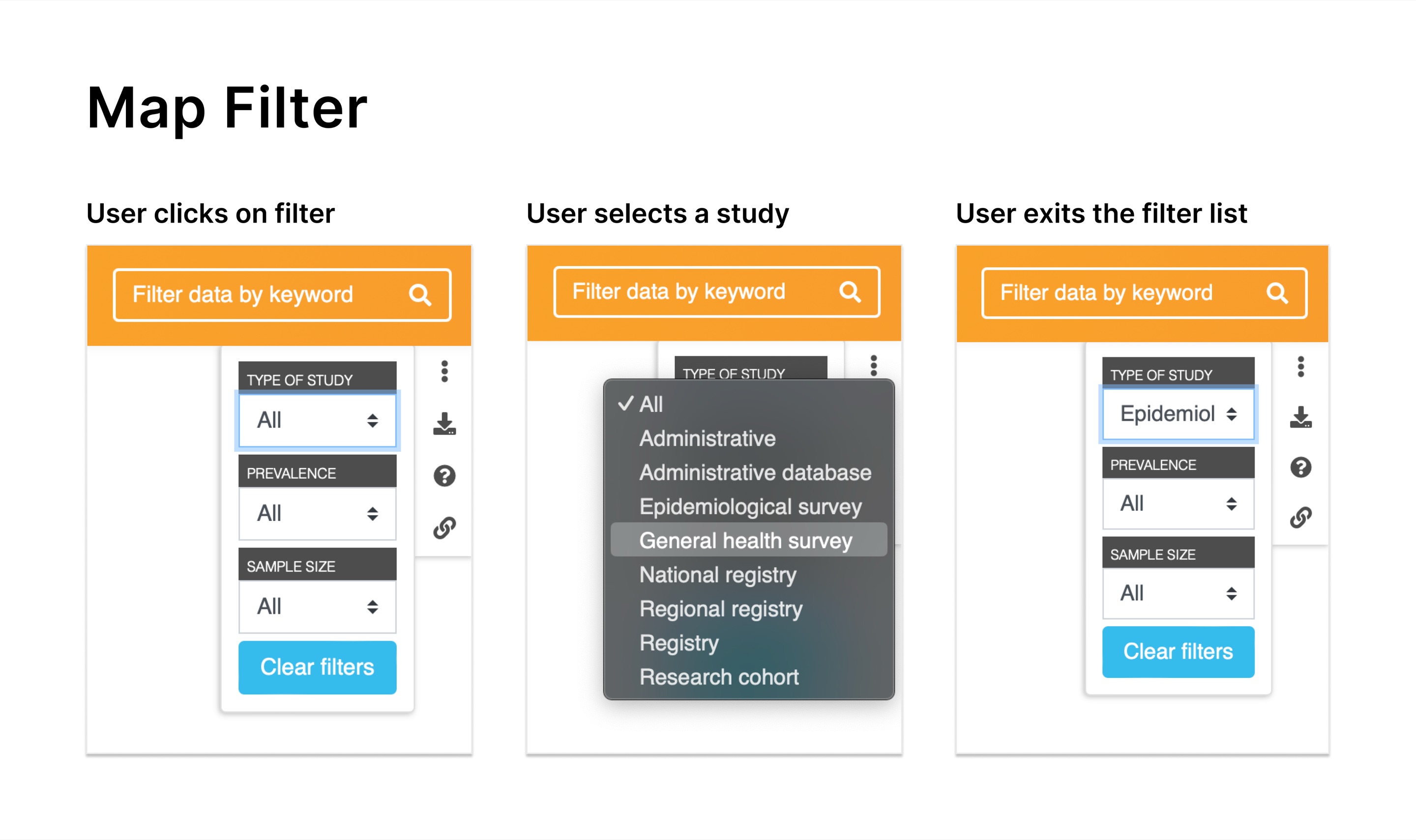 The original filters, where the selected value is cut off by a narrow field and the icons beside them have no labels