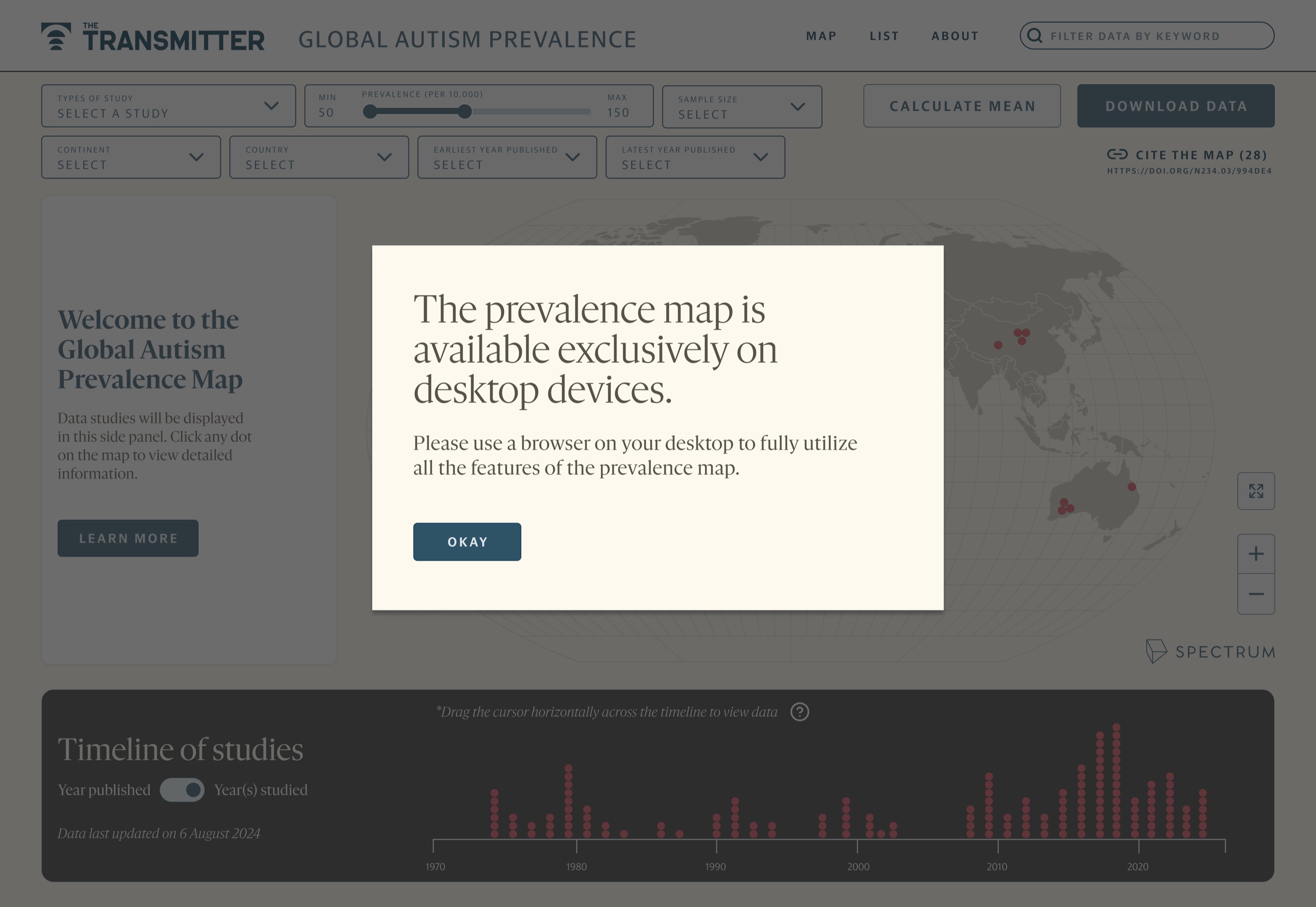 A message telling visitors that the prevalence map is available only on desktop devices