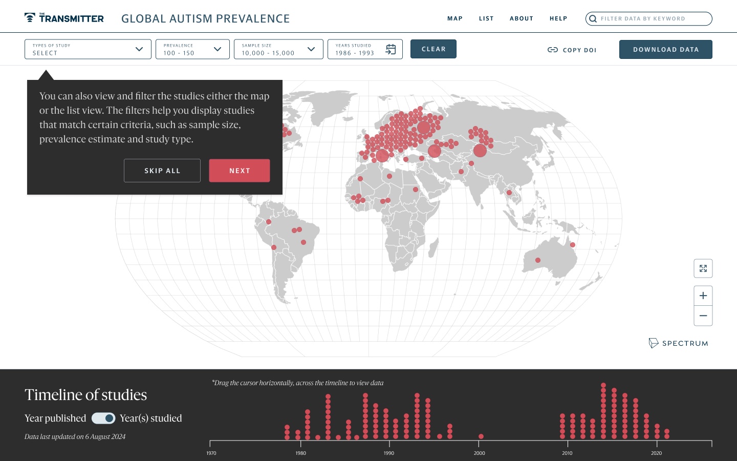 Tour step 2: a tooltip under the filters explaining that studies can be viewed and filtered in the map or the list view