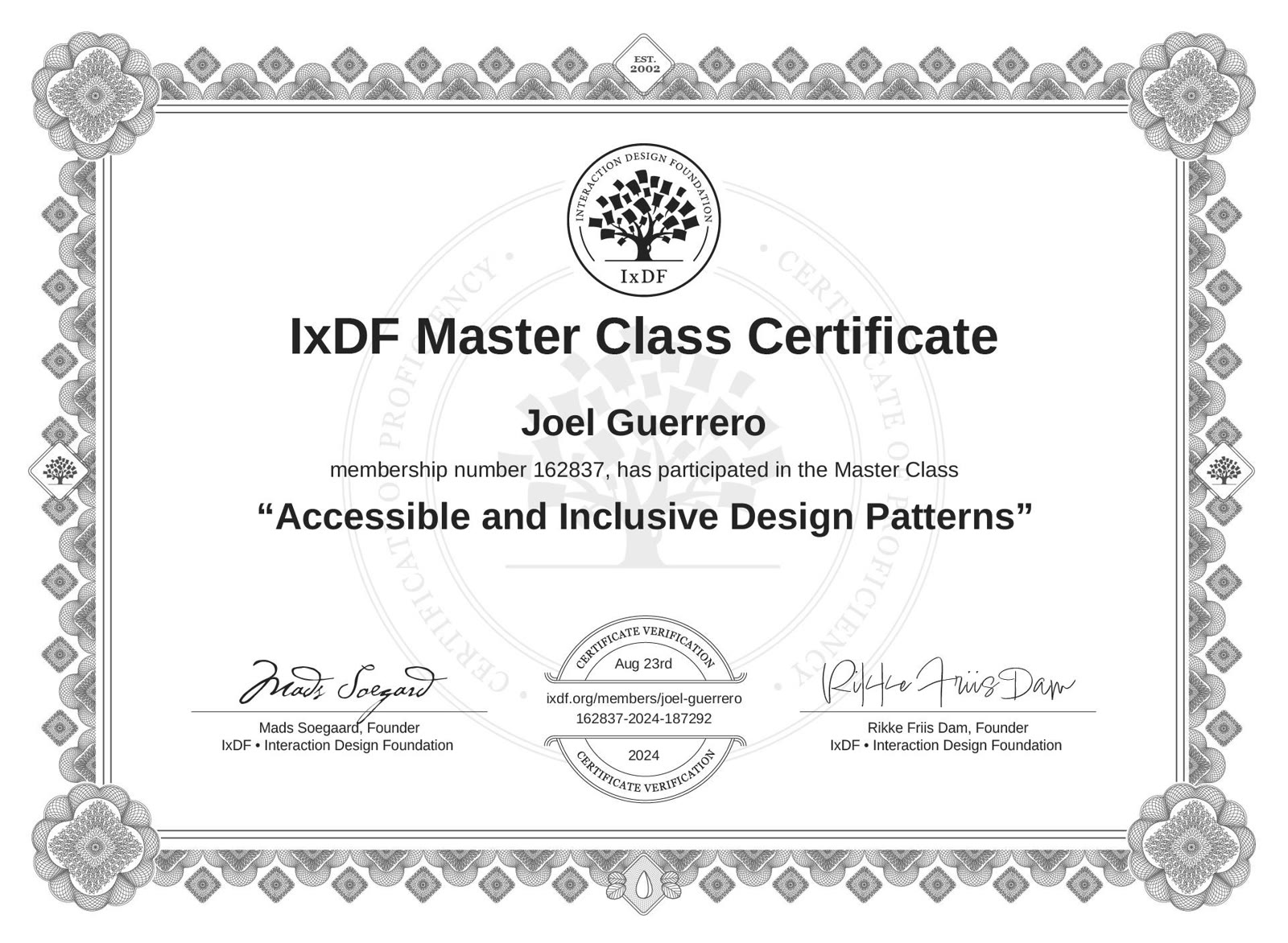 Certificate for Accessible and Inclusive Design Patterns, Interaction Design Foundation