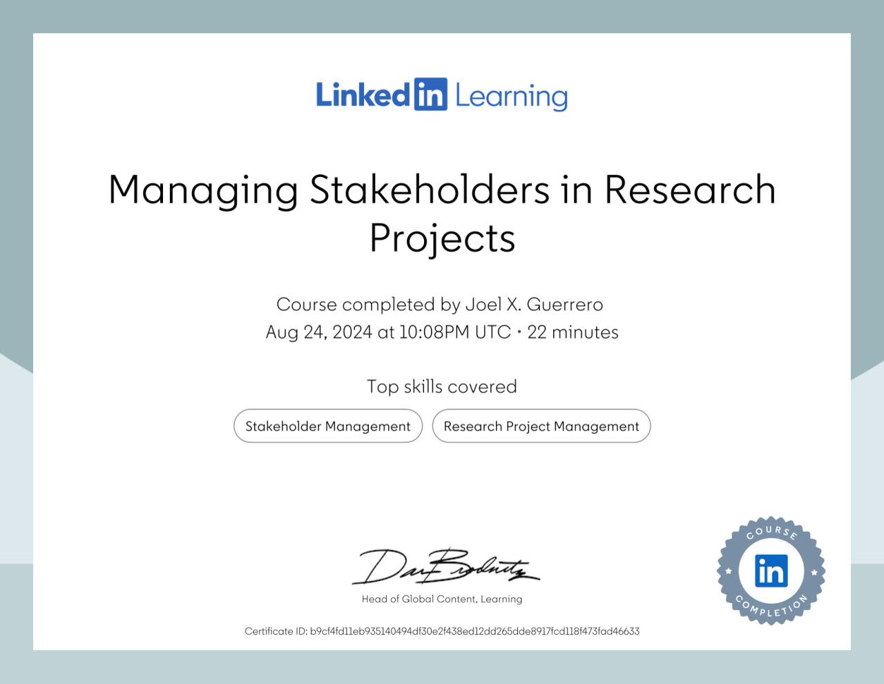 Certificate for Managing Stakeholders in Research Projects, Project Management Institute