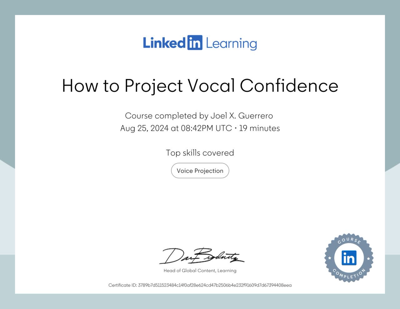 Certificate for How to Project Vocal Confidence, LinkedIn