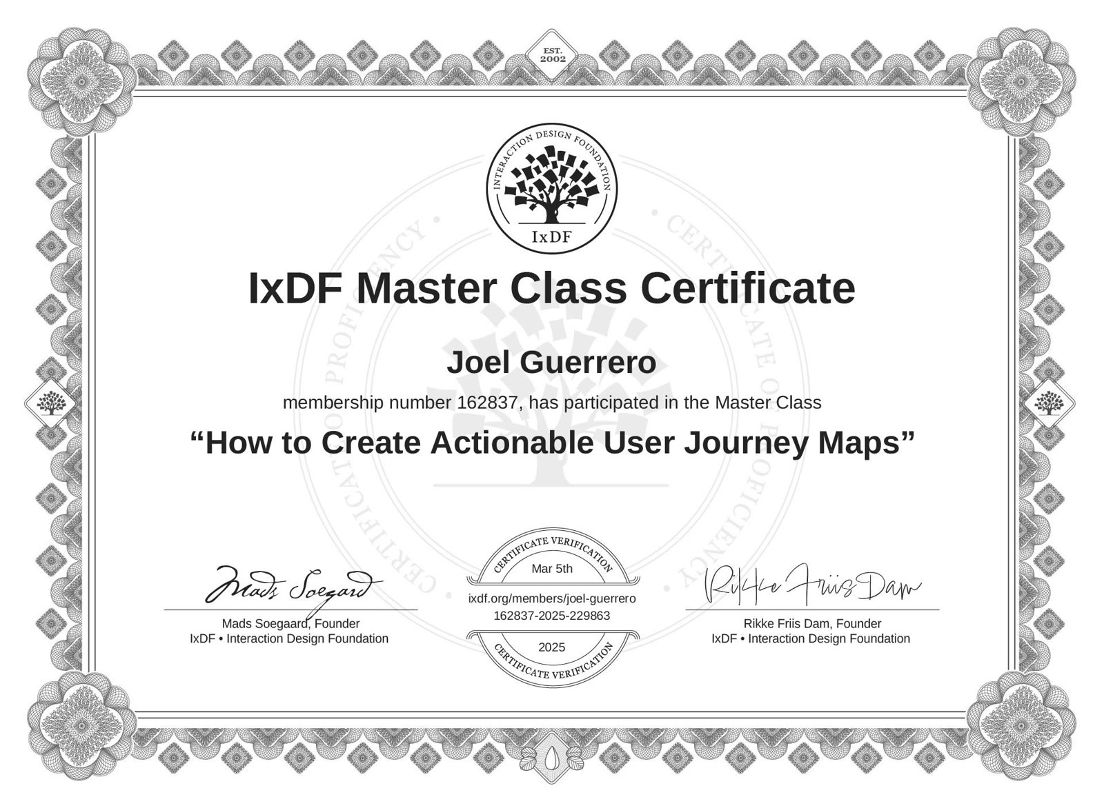 Certificate for How to Create Actionable User Journey Maps, Interaction Design Foundation