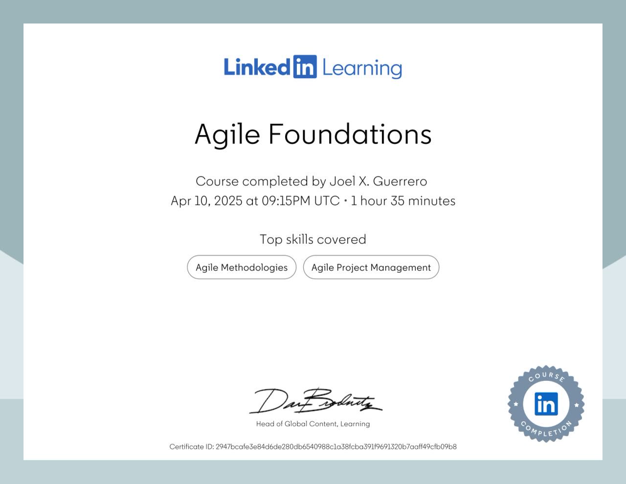 Certificate for Agile Foundations, Project Management Institute