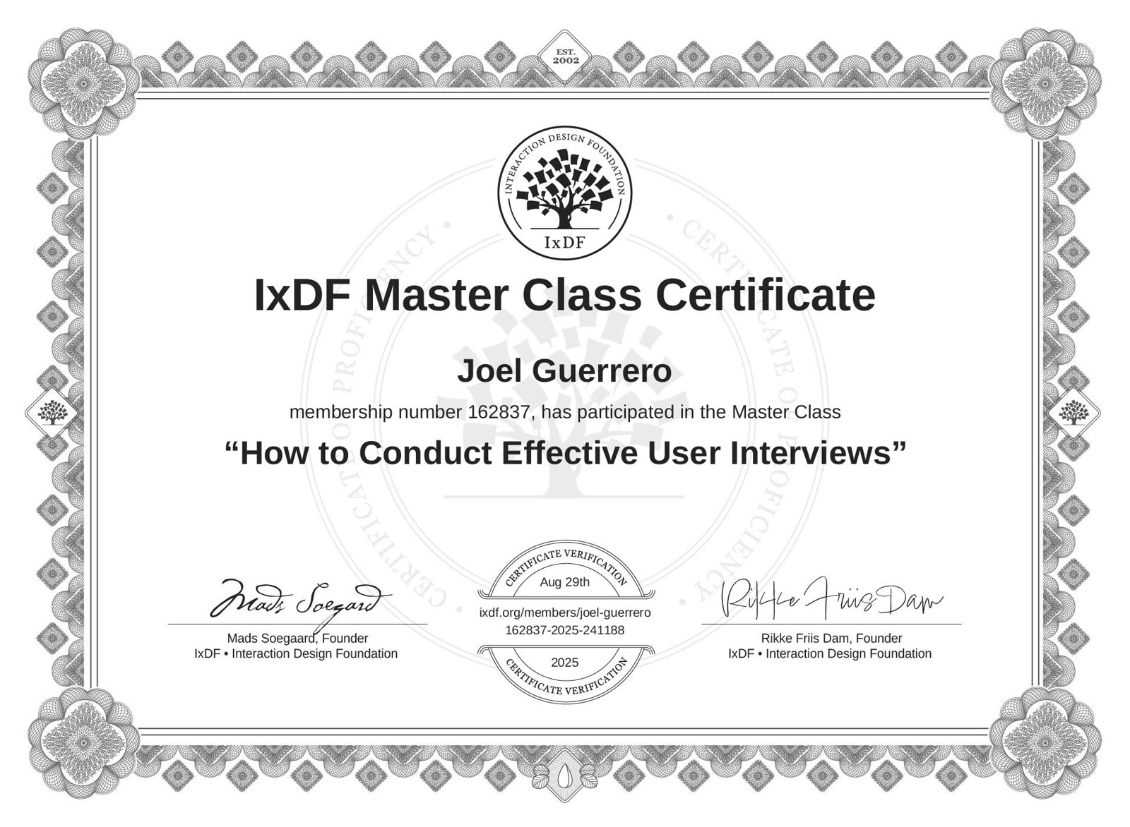 Certificate for How to Conduct Effective User Interviews, Interaction Design Foundation