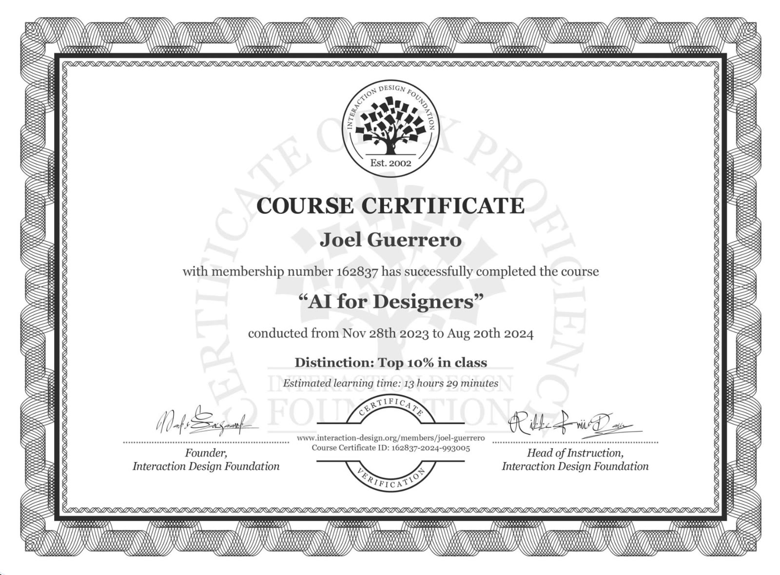 Certificate for AI for Designers, Interaction Design Foundation