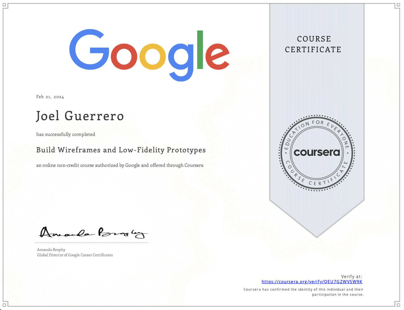 Certificate for Build Wireframes and Low-Fidelity Prototypes, Google