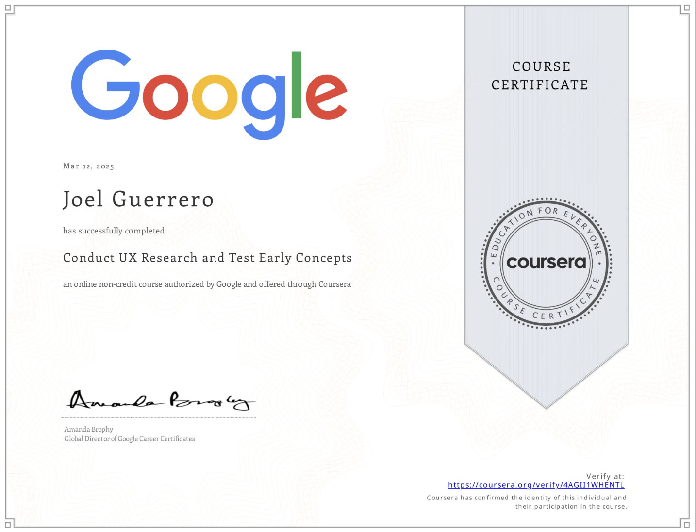 Certificate for Conduct UX Research and Test Early Concepts, Google