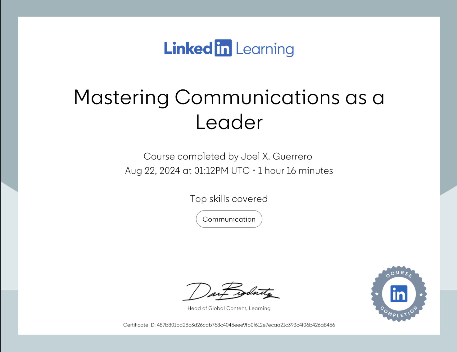 Certificate for Mastering Communications as a Leader, LinkedIn Learning