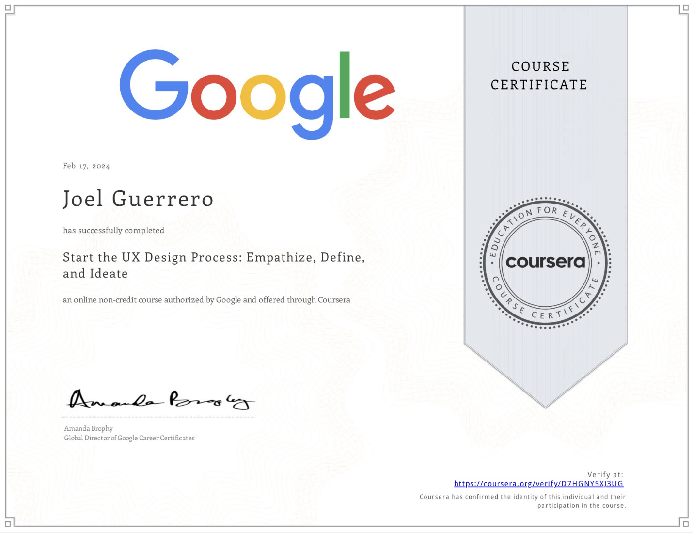 Certificate for Start the UX Design Process: Empathize, Define, and Ideate, Google