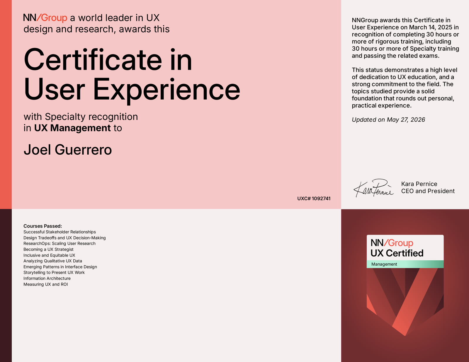Nielsen Norman Group UX Certification, which lists Emerging Patterns in Interface Design among the courses passed