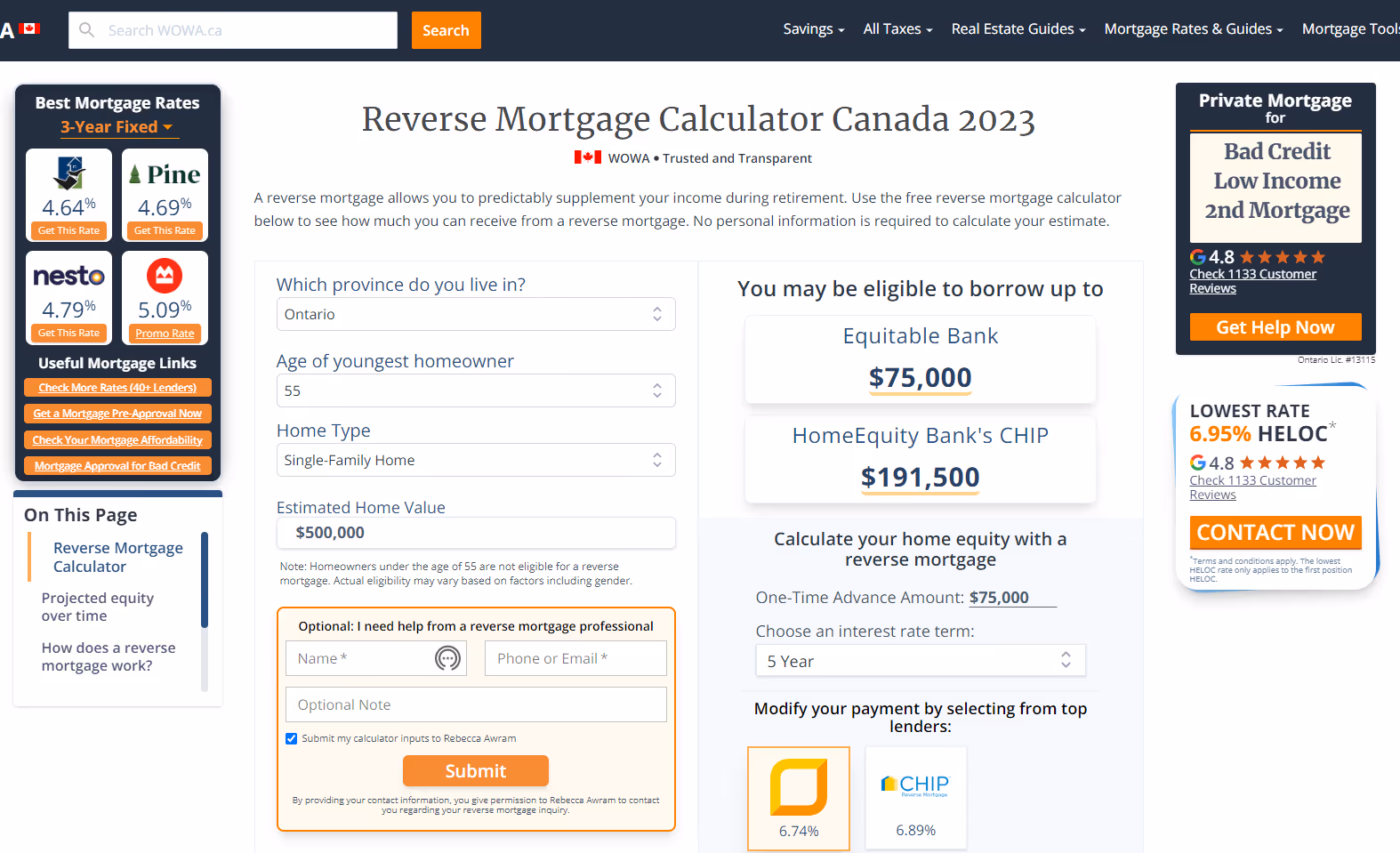 Screenshot of Wowa reverse mortgage calculator.