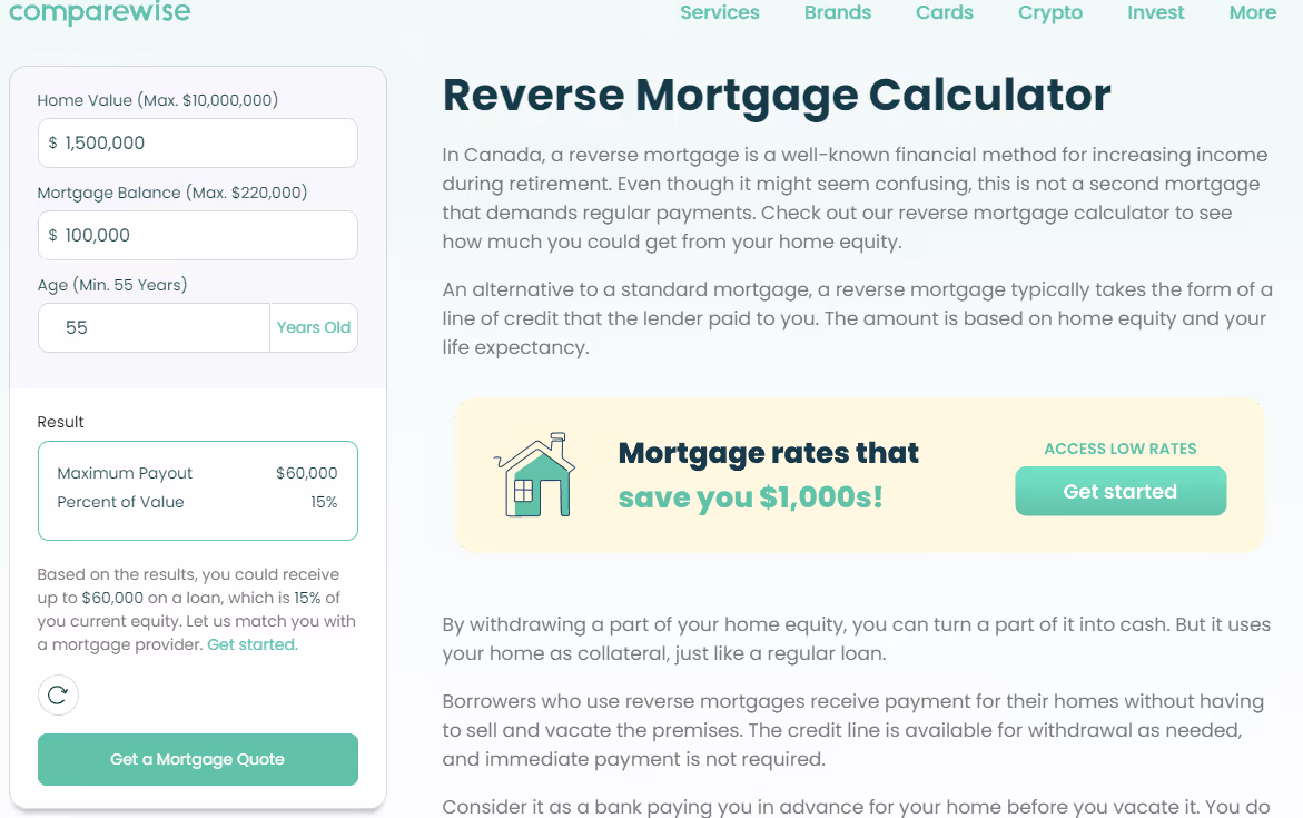 Screenshot of basic reverse mortgage calculator