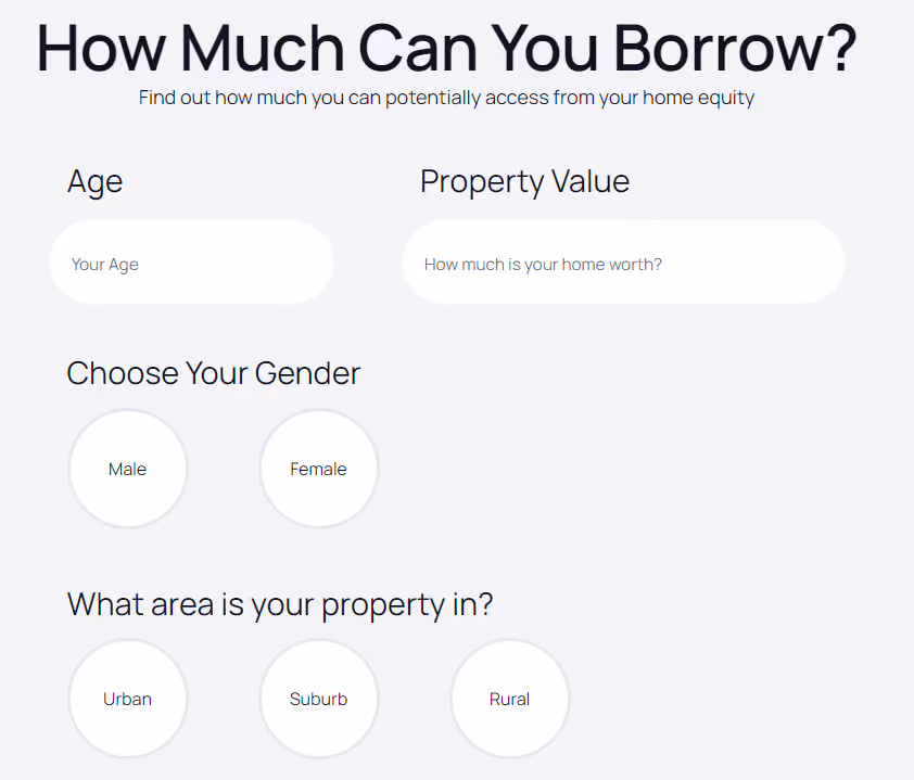 Screenshot of RetireBetter's reverse mortgage calculator inputs. No personal information is requested from user in order to generate results.